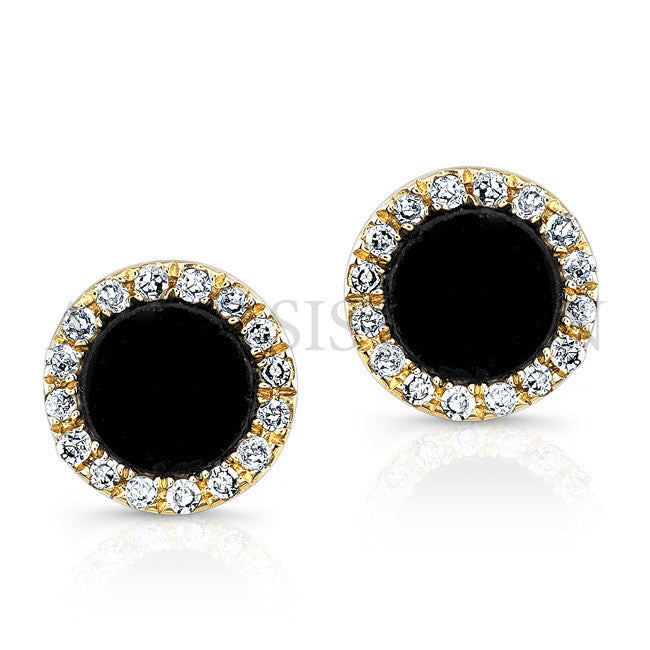 14KT Yellow Gold Onyx Diamond Round Stud Earrings