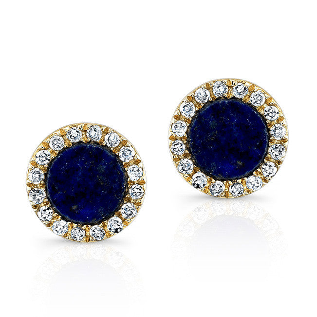 14KT Yellow Gold  Lapis Lazuli Diamond Round Stud Earrings