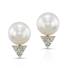 14KT Yellow Gold Pearl Diamond Triangle Stud Earrings