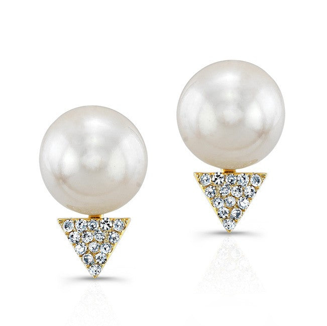 14KT Yellow Gold Pearl Diamond Triangle Stud Earrings