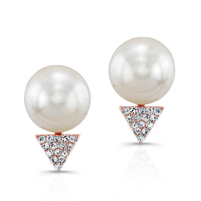 14KT Rose Gold Pearl Diamond Triangle Stud Earrings