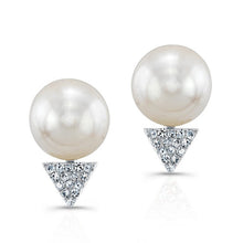 14KT White Gold Pearl Diamond Triangle Stud Earrings