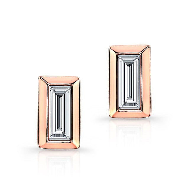 14KT Rose Gold Diamond Single Baguette Bar Earrings