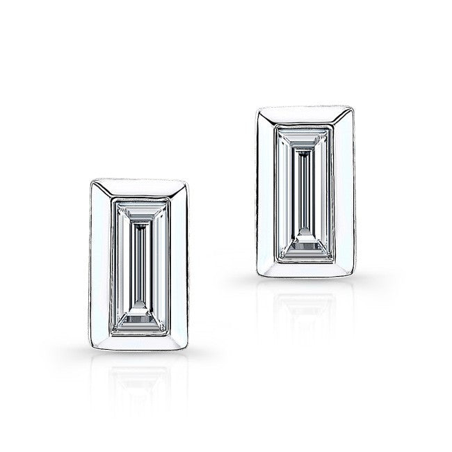 14KT White Gold Diamond Single Baguette Bar Earrings