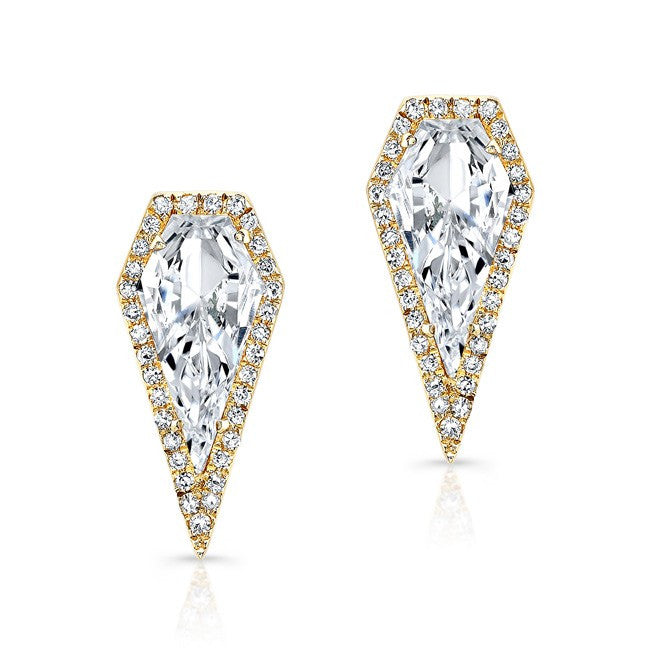 14KT Yellow Gold White Topaz Diamond Shield Earrings