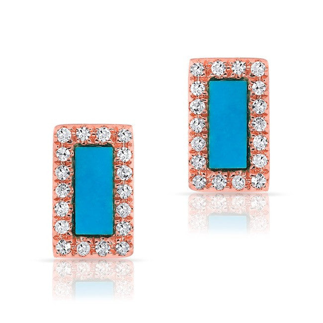14KT Rose Gold Turquoise Diamond Bar Stud Earrings