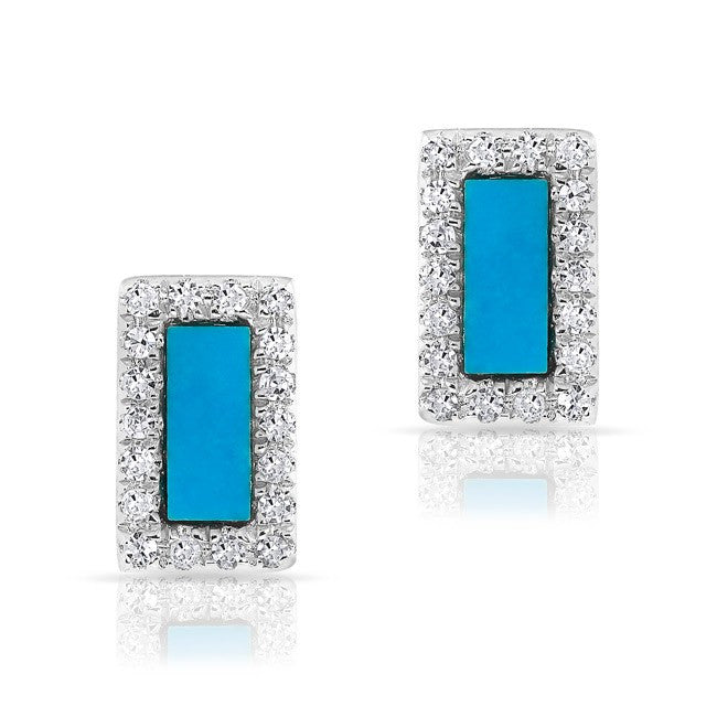 14KT White Gold Turquoise Diamond Bar Stud Earrings