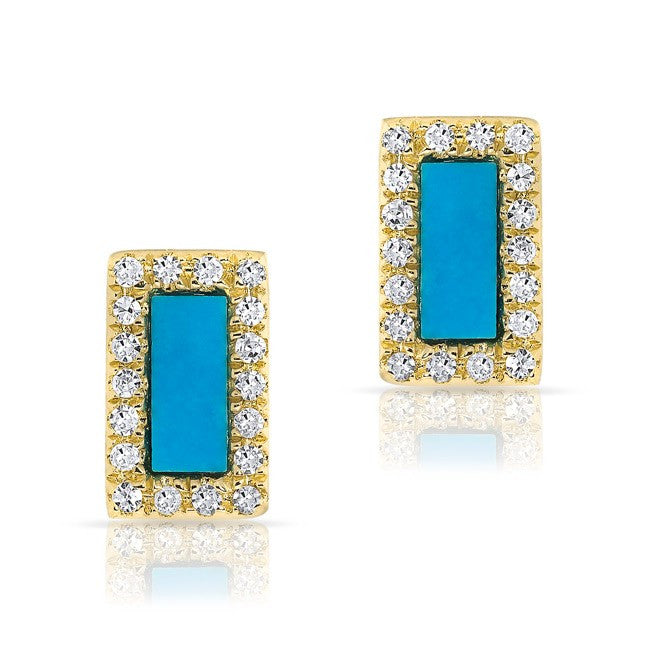14KT Yellow Gold Turquoise Diamond Bar Stud Earrings