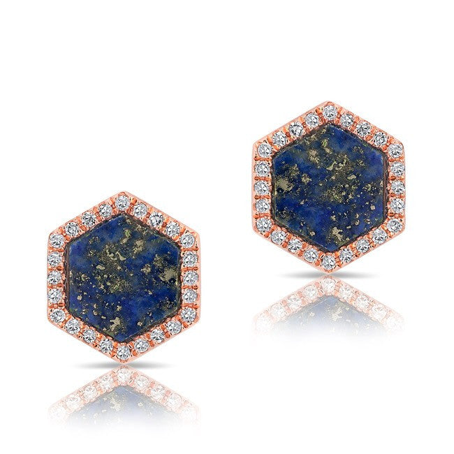 14KT Rose Gold Lapis Diamond Hexagon Stud Earrings
