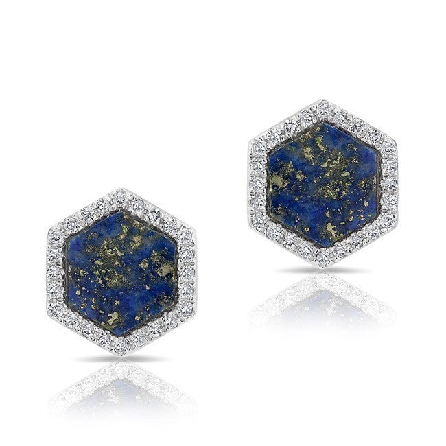 14KT White Gold Lapis Diamond Hexagon Stud Earrings