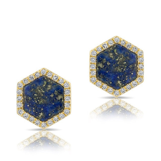 14KT Yellow Gold Lapis Diamond Hexagon Stud Earrings