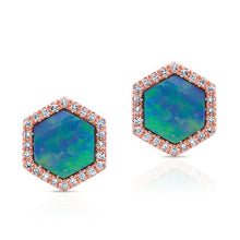 14KT Rose Gold Opal Diamond Hexagon Stud Earrings