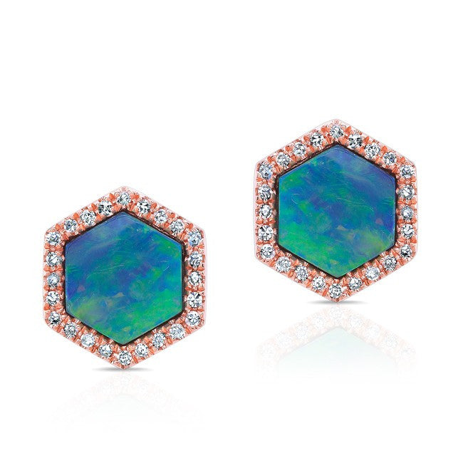 14KT Rose Gold Opal Diamond Hexagon Stud Earrings