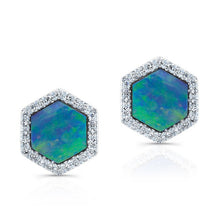 14KT White Gold Opal Diamond Hexagon Stud Earrings