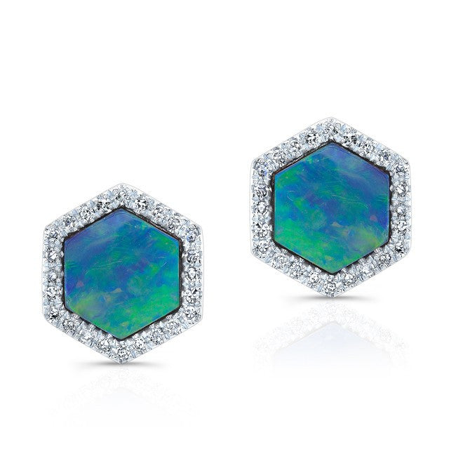 14KT White Gold Opal Diamond Hexagon Stud Earrings