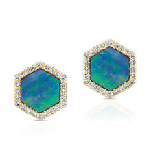 14KT Yellow Gold Opal Diamond Hexagon Stud Earrings