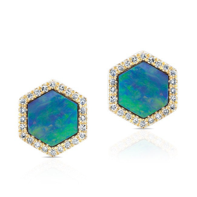 14KT Yellow Gold Opal Diamond Hexagon Stud Earrings