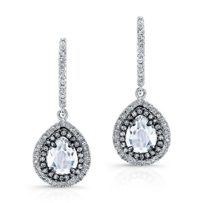 14KT White Gold And Oxidize Gold White Topaz Diamond Double Halo Earrings