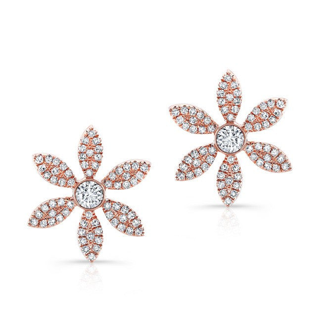 14KT Rose Gold Diamond Edgy Daisy Flower Stud Earrings