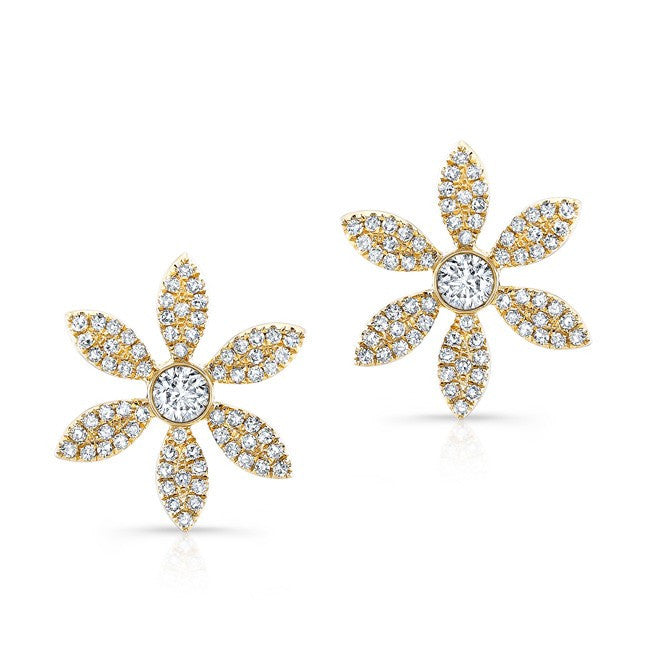 14KT Yellow Gold Diamond Edgy Daisy Flower Stud Earrings