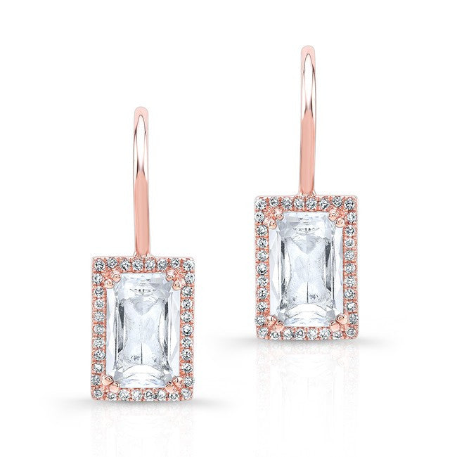 14KT Rose Gold Rectangle White Topaz Diamond Earrings