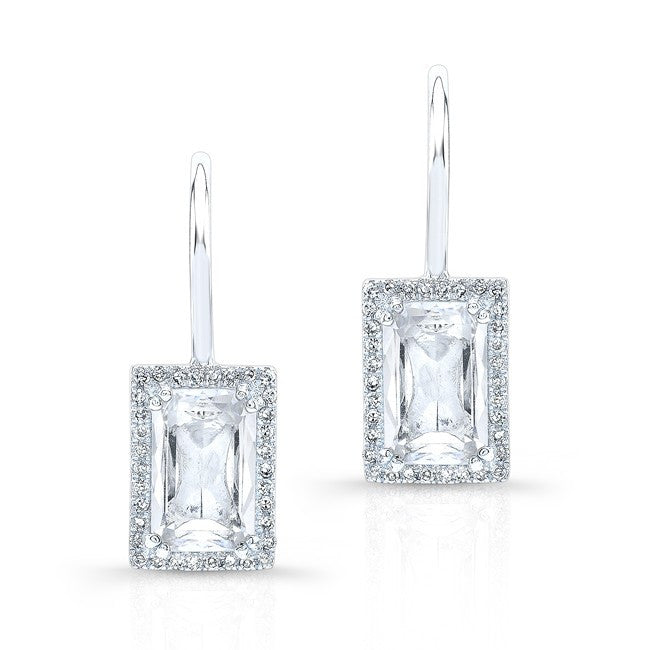 14KT White Gold Rectangle White Topaz Diamond Earrings