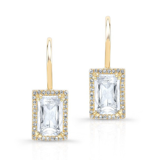 14KT Yellow Gold Rectangle White Topaz Diamond Earrings