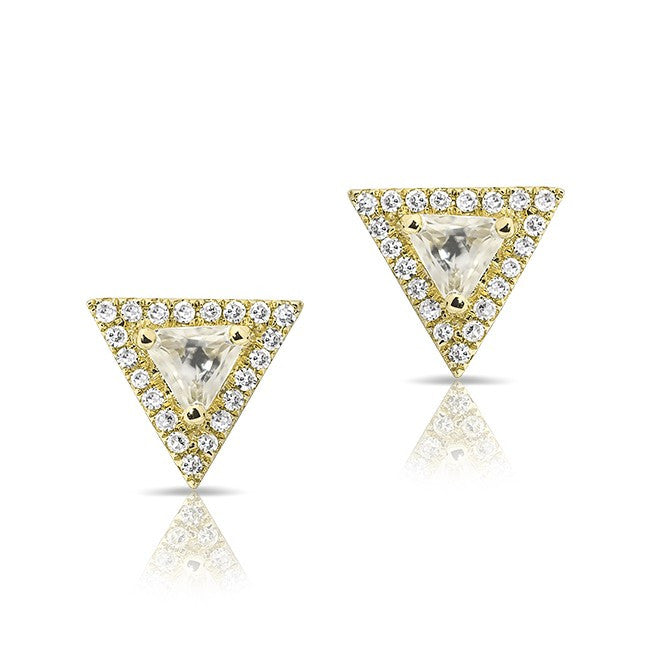 14KT Yellow Gold White Topaz Triangle Diamond Stud Earrings