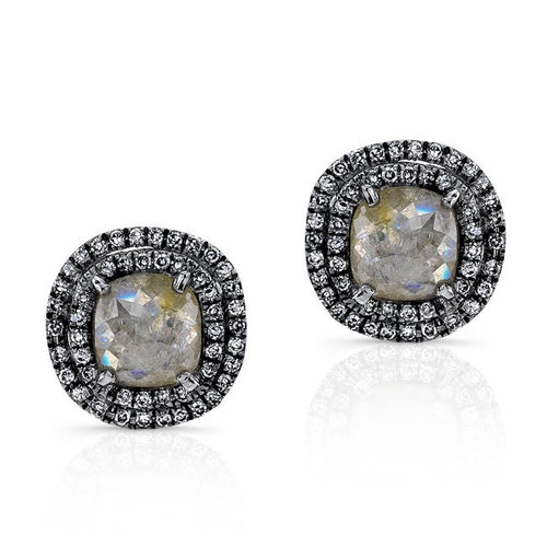 14KT Oxidized White Gold Raw Diamond Double Halo Stud Earrings