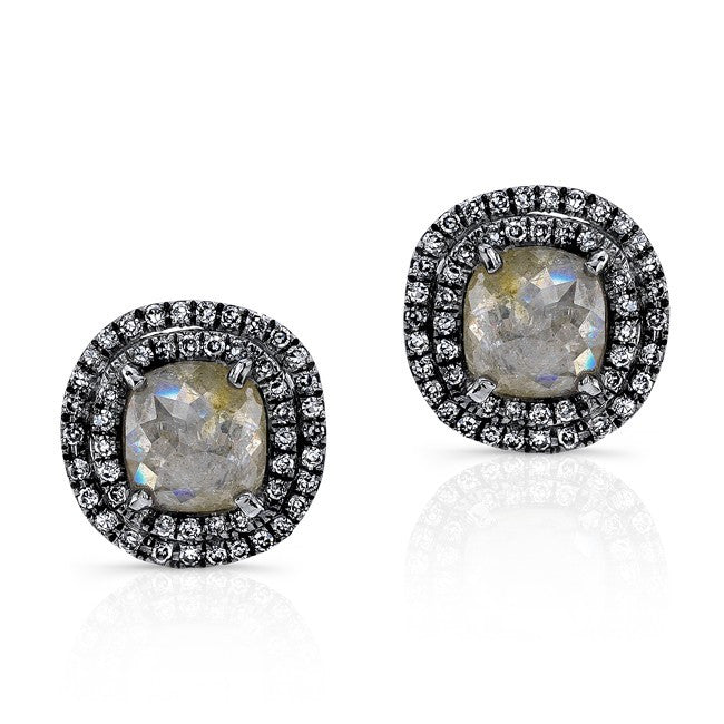 14KT Oxidized White Gold Raw Diamond Double Halo Stud Earrings