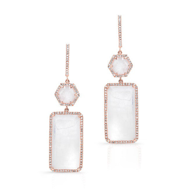 14KT Rose Gold Moonstone Diamond Geometric Earrings