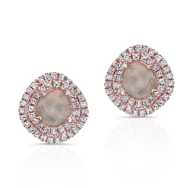 14KT Rose Gold Diamond Slice Double Halo Stud Earrings