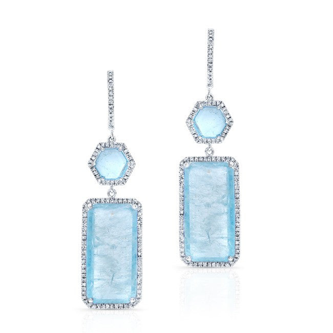 14KT White Gold Aquamarine Diamond Geometric Earrings
