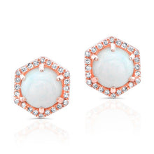 14KT Rose Gold White Opal Diamond Hexagon Stud Earrings