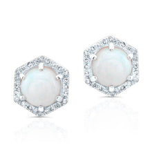 14KT White Gold White Opal Diamond Hexagon Stud Earrings