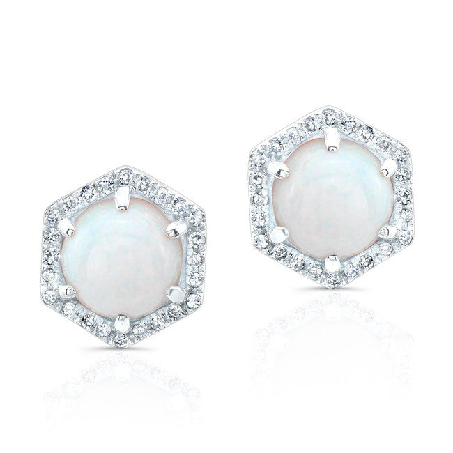 14KT White Gold White Opal Diamond Hexagon Stud Earrings
