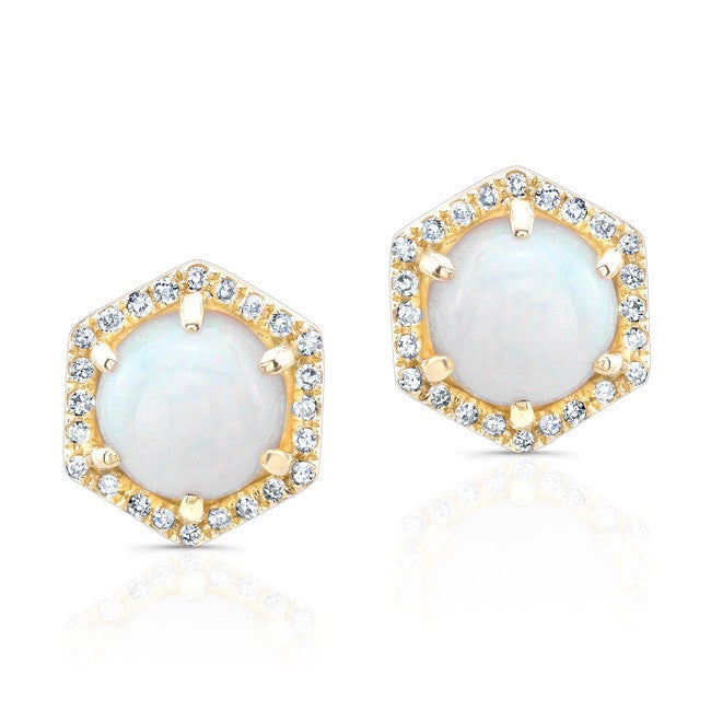 14KT Yellow Gold White Opal Diamond Hexagon Stud Earrings
