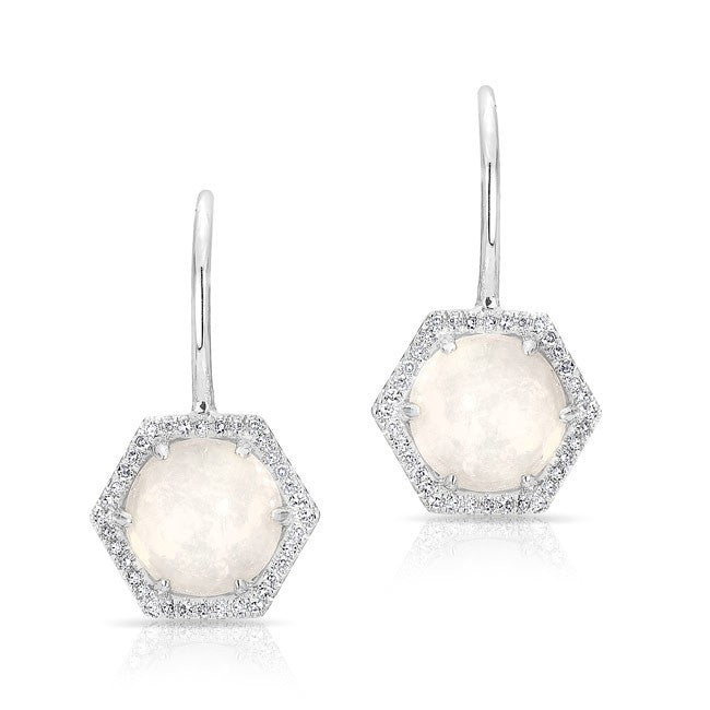 14KT White Gold Opal Diamond Hexagon Wireback Earrings