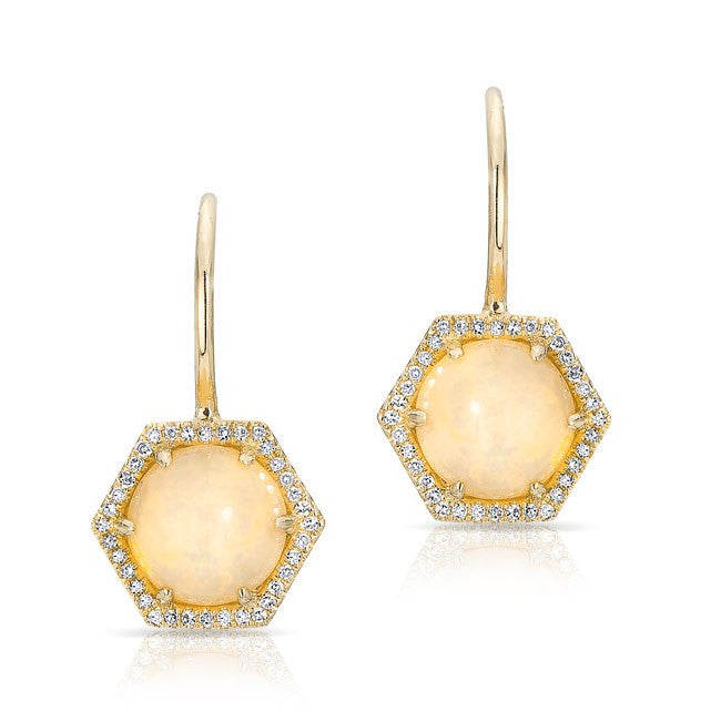 14KT Yellow Gold Opal Diamond Hexagon Wireback Earrings