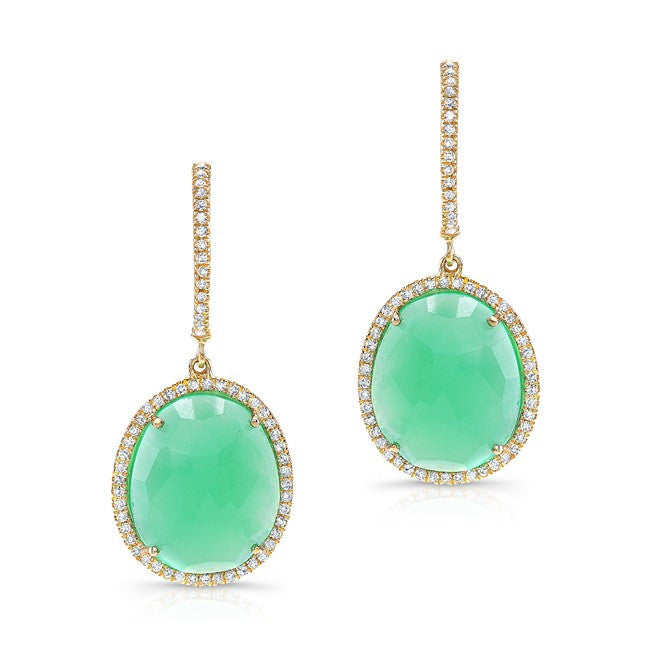 14KT Yellow Gold Chrysoprase Diamond Oval Earrings