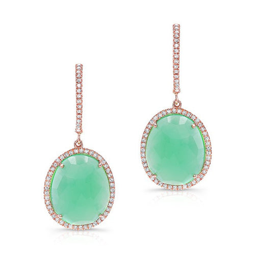 14KT Rose Gold Chrysoprase Diamond Oval Earrings