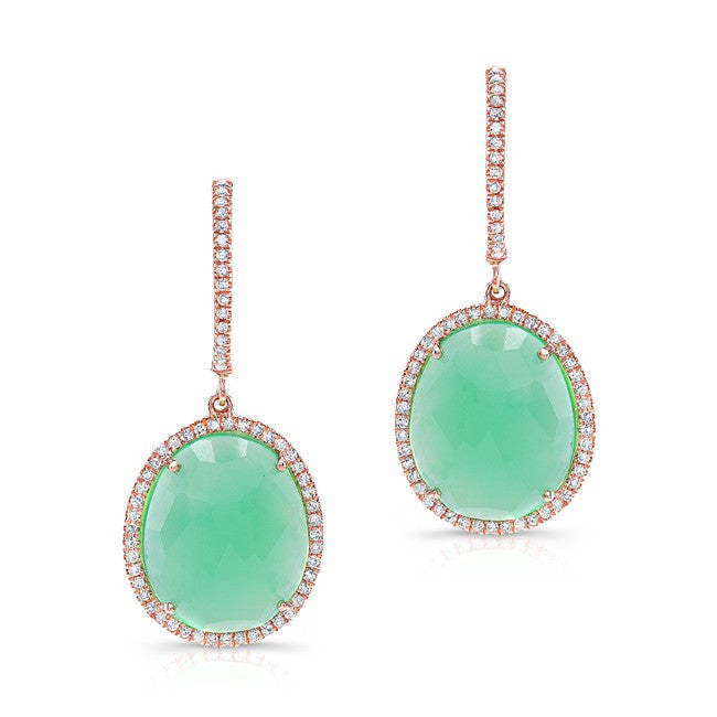 14KT Rose Gold Chrysoprase Diamond Oval Earrings