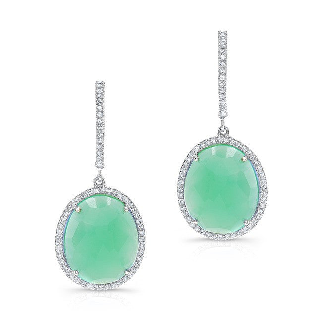 14KT White Gold Chrysoprase Diamond Oval Earrings
