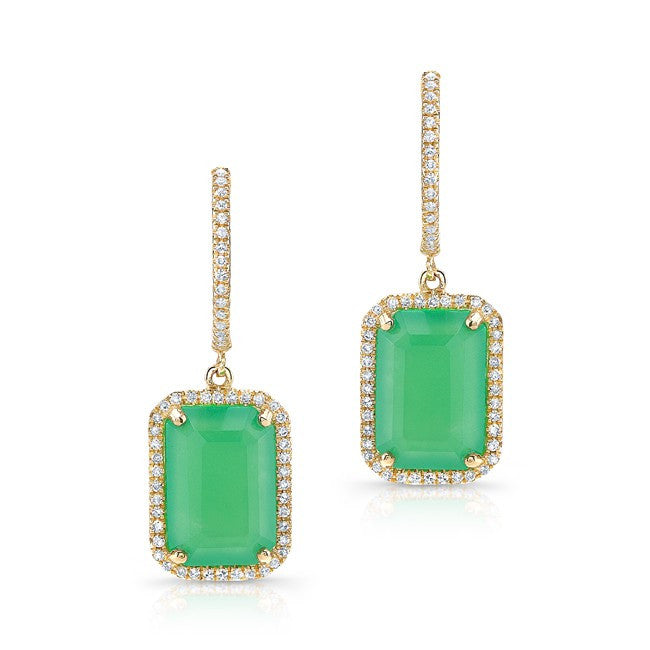 14KT Yellow Gold Rectangle Chrysoprase Diamond Earrings