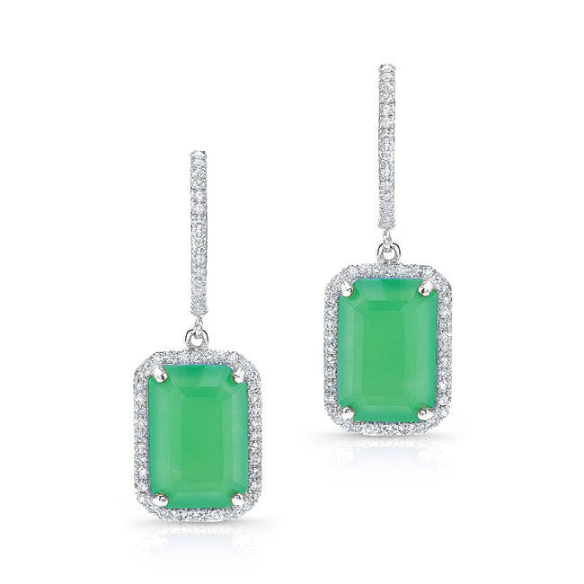 14KT White Gold Rectangle Chrysoprase Diamond Earrings