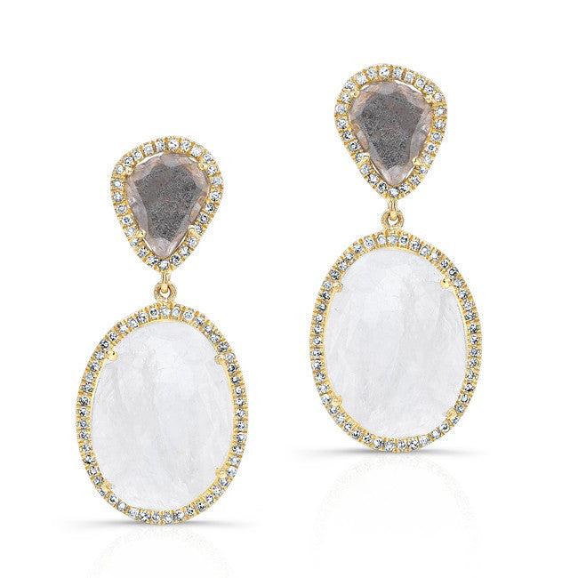 14KT Yellow Gold Organic Moonstone And Diamond Slice Earrings