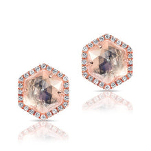 14KT Rose Gold Moonstone Diamond Hexagon Stud Earrings