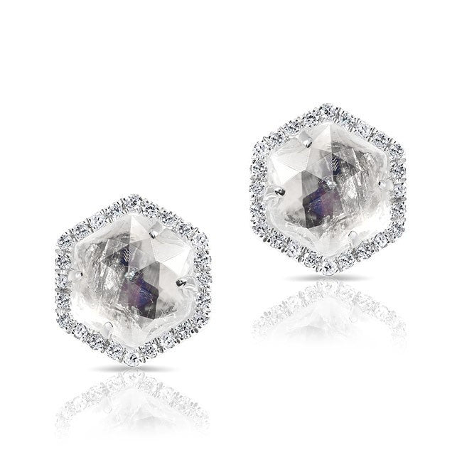 14KT White Gold Moonstone Diamond Hexagon Stud Earrings