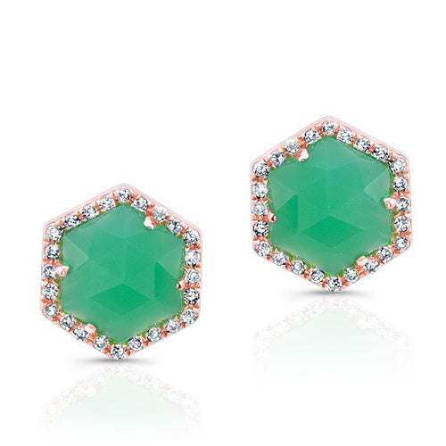 14KT Rose Gold Chrysoprase Diamond Hexagon Stud Earrings