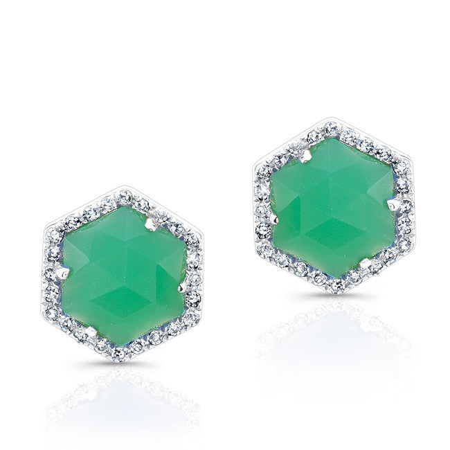 14KT White Gold Chrysoprase Diamond Hexagon Stud Earrings